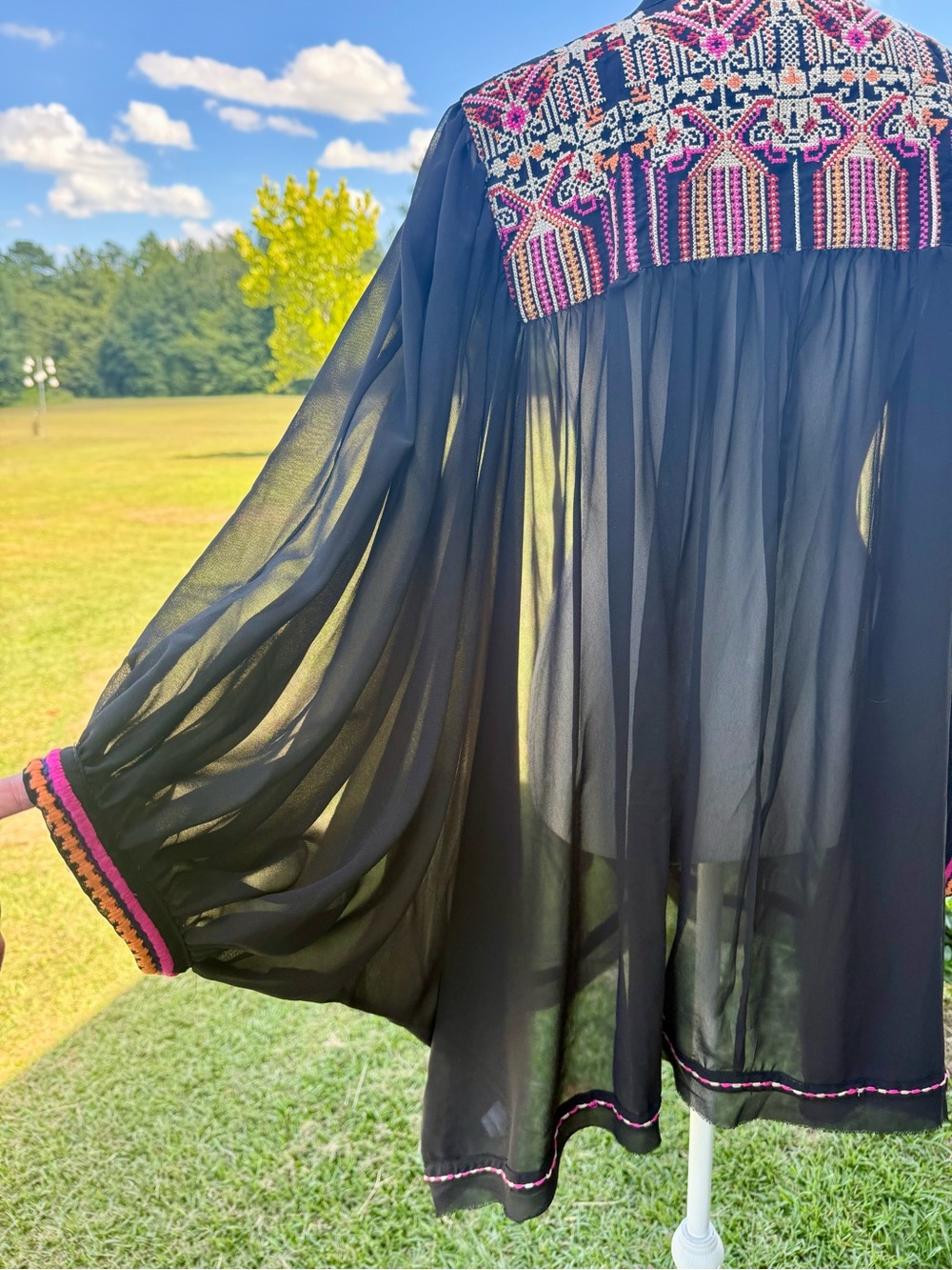 Black Sheer Tunic with beautiful Pink & Orange Embroidered Yoke and Tie Front